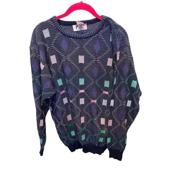 Vintage Fiji Retro 80s Navy Blue Crewneck Geometric Knit‎ Pullover Sweater Sz XL - Picture 1 of 3